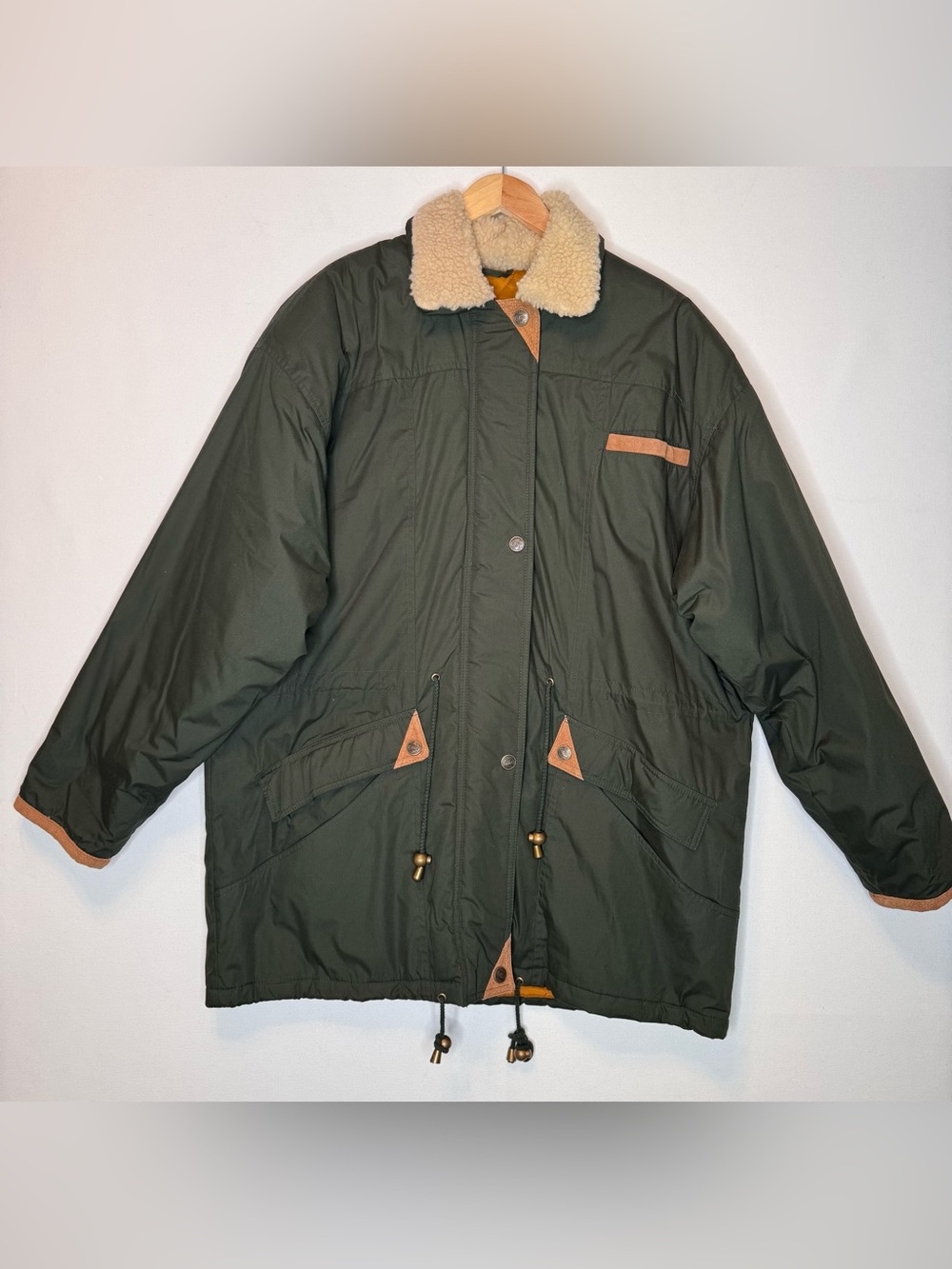 Otello Pelle Men's Coat sz Lg sherpa collar, leather trim, quilted lining green